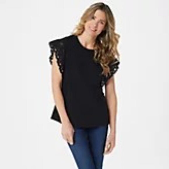 Belle by Kim Gravel Tops - Belle by Kim Gravel 2X Black TripleLuxe Knit Lace Sleeve Top | Chic Elevated